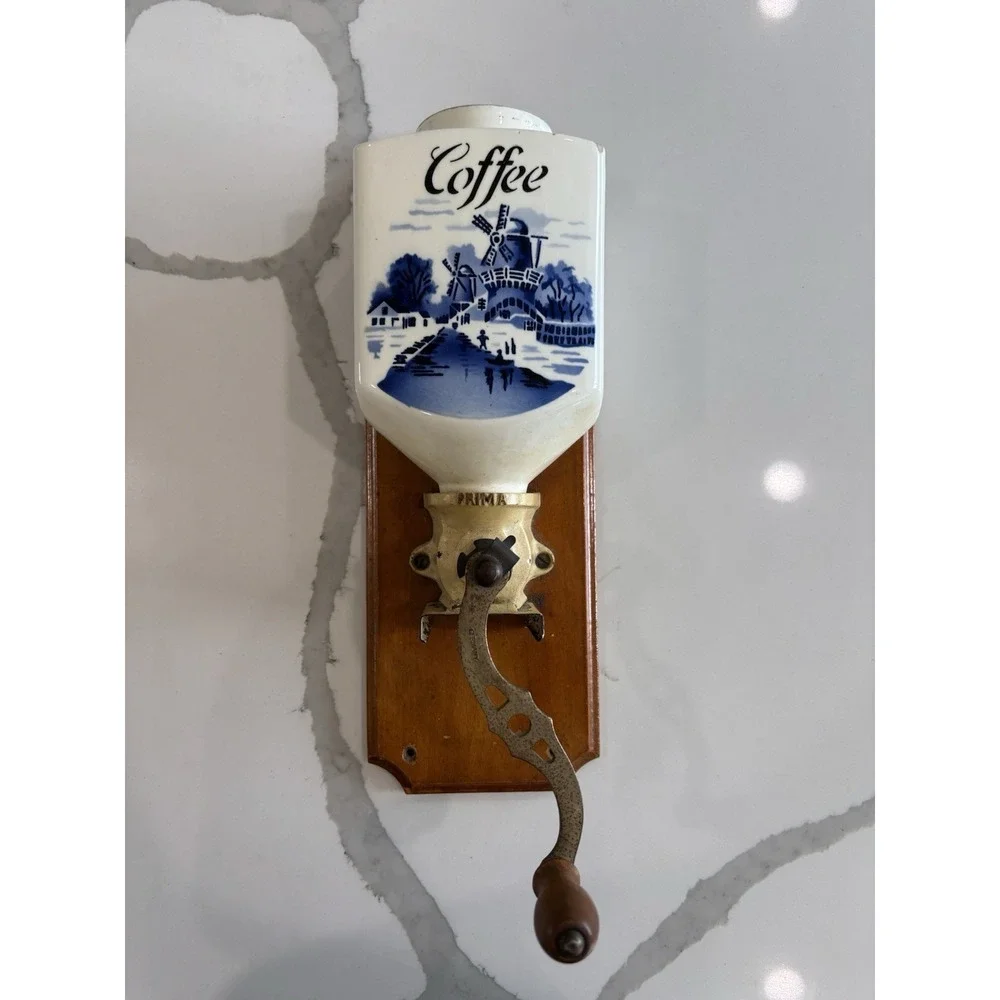 Vintage Germany Delft Porcelain Blue White Coffee Grinder Wall Mount Windmill